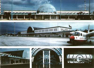 Composite view showing front of terminal, runway view, and interior shots.